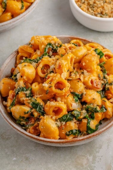 creamy vegan pumpkin mac and cheese with toasted breadcrumbs