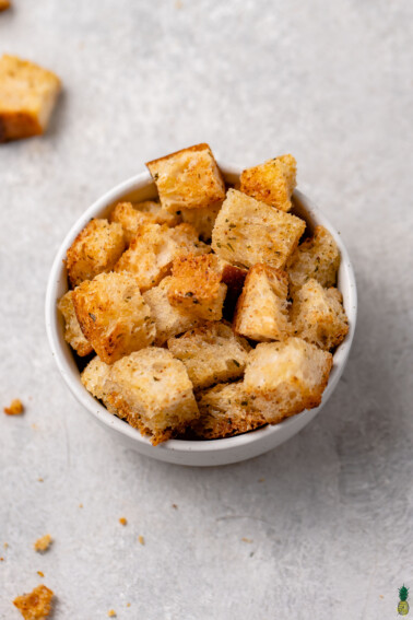 close up image of croutons in bowl