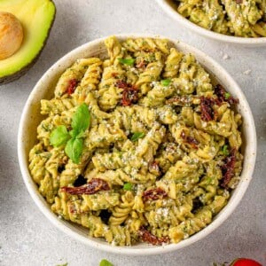 3/4 angle image of avocado pesto pasta