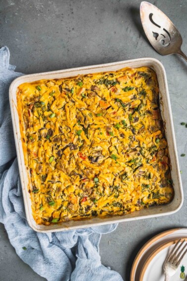 Overhead shot of a vegan sweet potato breakfast casserole in a white dish by sweet simple vegan