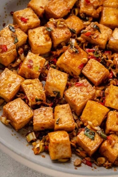 close up photo of lemongrass tofu in a pan