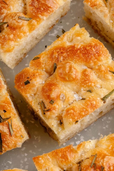 close up of no-knead focaccia cut into a square