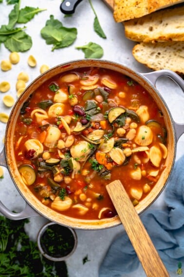 one-pot minestrone soup in large pot styled and taken from overhead