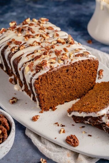 three quarter image of gingerbread loaf cake