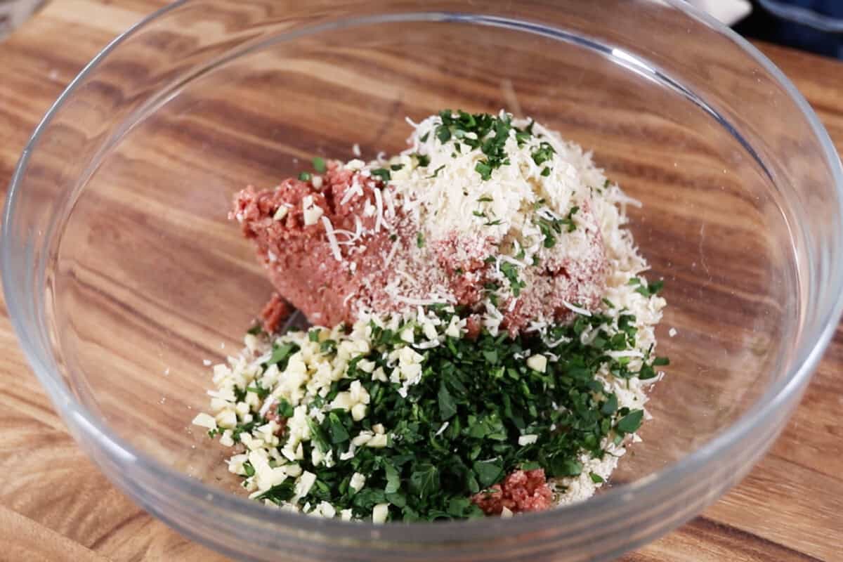 meatball ingredients in large glass bowl