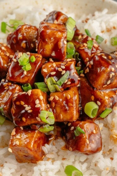 bowl of sticky sesame tofu with rice topped with green onions