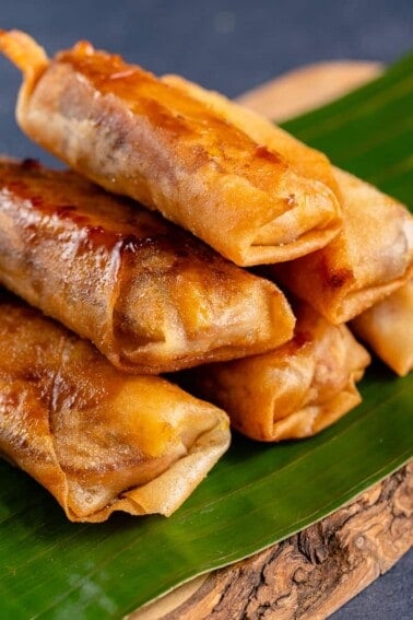 stacked turon on banana leaf