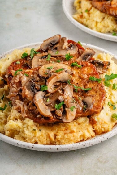 a plate filled with mashed potatoe and tofu marsala