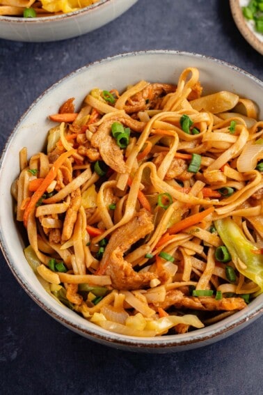 vegan beef lo mein in a bowl