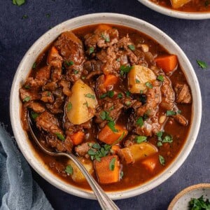 bowl of beef stew on blue background