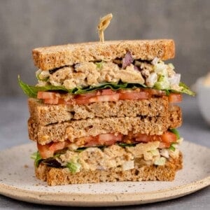 close up of vegan chicken salad sandwich