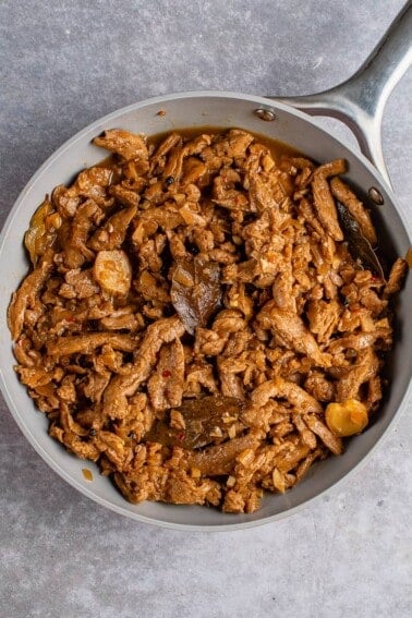 close up shot of vegan coconut milk adobo in gray pan