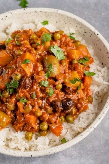 overhead photo of vegan giniling aka filipino picadillo in bowl with rice